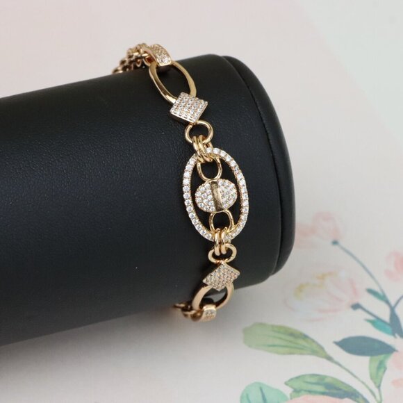 "Rose Gold Chain Bracelet with Oval Crystal Charm & Textured Links, XPBL0927 - Picture 11 of 13